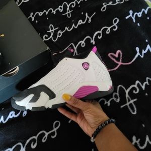 Jordan 14 women, size 5.5, white. Purple, black